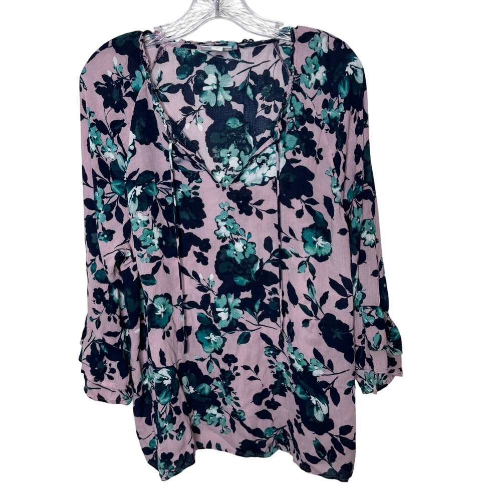 J. Jill Floral Rayon Split‎ Neck Ruffle Cuff Blouse Pink XL Feminine